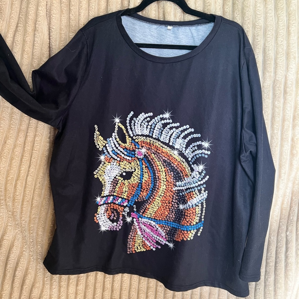 Black Long Sleeve Sequin look Unicorn Tee